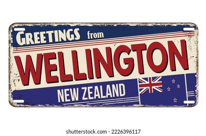 Welcome to Wellington vintage rusty license plate on a white background, vector illustration