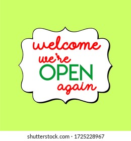 Welcome we're open again vector text vintage