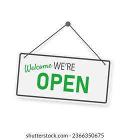 Welcome we're open business hanging signboard with a rope vector illustration.