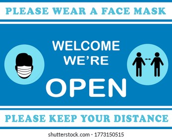 Welcome we're open ,please keep distance and  please wear Face mask vector text with a man sign 