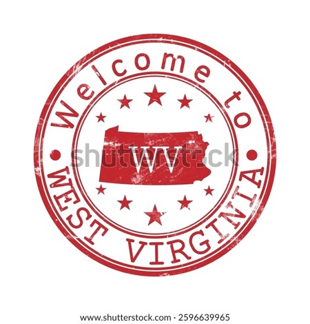 Welcome to West Virginia. A worn stamp with a silhouette of the state and an abbreviated designation. Print impression, a template for creative design
