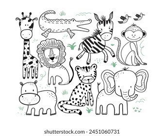 Bienvenidos al mundo caprichoso de la sabana. Este Anuncio Horizontal exhibe adorables animales de dibujos animados perfilados en blanco y negro, ideales para agregar encanto lúdico a cualquier espacio.