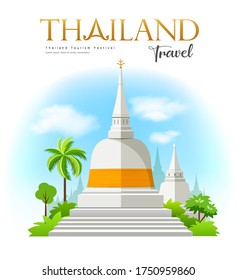 Welcome to White pagoda with fabric yellow, Southern of thailand, design background, vector illustration