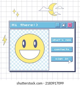 Welcome window with a smile and buttons. Aesthetics of the user interface of an old computer. Template for social networks.Nostalgic y2k design elements. Vector illustration. Notebook sheet background