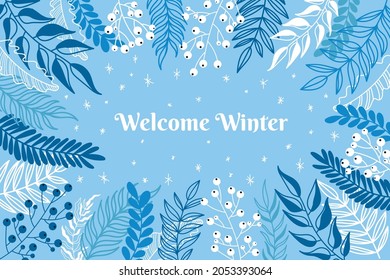 Welcome winter background. Hand drawn vector winter with snowflakes and floral elements