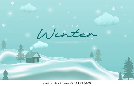 Welcome winter banner. Beautiful houses in the snowy valley. Winter Cabin Illustration