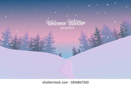 Welcome Winter greeting card on purple background. Printable quote template.