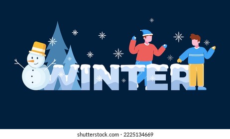 Welcome, Winter Simple Text Typography With People Playing snowball and building snowman.
Hello Winter in the Night of Snowfall Illustration.
Suitable for greeting card, postcard, banner, web, etc