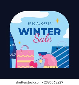 welcome winter sticker design. Happy Winter sticker background. Hello Winter season. Cartoon Vector illustration Template for Sticker, Label, Sale, Promotion. Snowy weather, Snowfall.