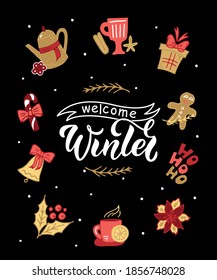 Welcome Winter Text, Hand Lettering And Frame Of Christmas Symbols: Holly, Candy Cane, Bell. Modern Brush Calligraphy. Design For Greeting Postcard, Poster, Banner. Vector Holiday Illustration, Doodle