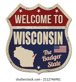 Welcome to Wisconsin vintage rusty metal plate on a white background, vector illustration