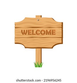 Welcome wooden signboard cartoon vector illustration. Wooden signpost with welcome sign with grass. Isolated entrance sign illustration