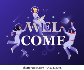 WELCOME word and astronauts in spacesuits vector illustration. Cosmic design vector illustration concept for website app landing web page development.