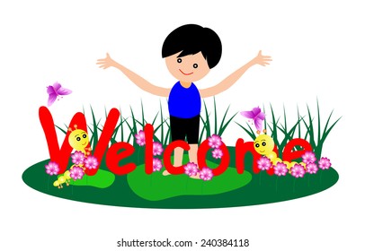 Welcome word with boy and caterpillar -Vector illustration 