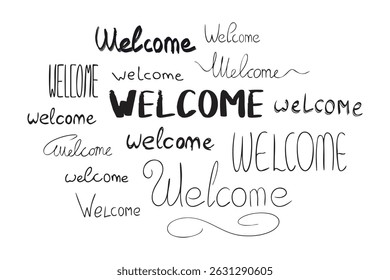 Welcome Word cloud. Composition creative decorative Lettering. Set of handwritten, bold, stretched text for Greeting. Collection of calligraphy written marker, ink. Design element. Vector illustration