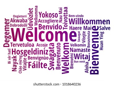 WELCOME word cloud in different languages, concept purple low poly background
