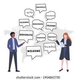WELCOME  word cloud in different languages of the world.  words in speech bubbles. Flat vector illustration on white background.
