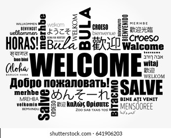 WELCOME word cloud in different languages, conceptual background