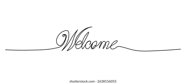 Welcome word in continuous line art style. Sketch of welcome word in minimalist black line isolated on white background. Vector illustration.