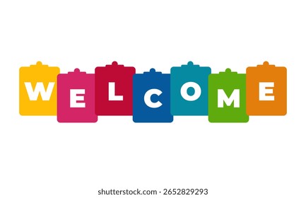 WELCOME word displayed on brightly colored rectangular blocks creating a bold and vibrant banner. Ideal for event greetings, websites, presentations, or digital marketing
