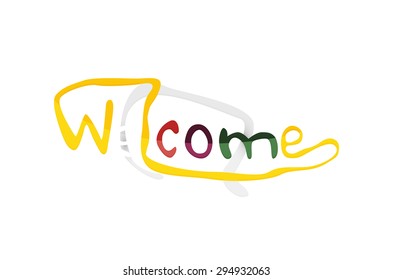 Welcome word, drawn lettering typographic design element. Hand lettering, handmade calligraphy isolated