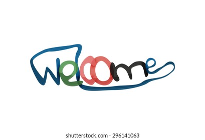 Welcome word, drawn lettering typographic design element. Hand lettering, handmade calligraphy isolated