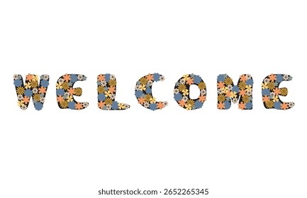 Welcome word with flowers letters on white vector illustration art decor design banner card 