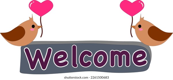 Welcome word greeting orange caramel brown two birds banner card invite pink heart2 love letter phrase