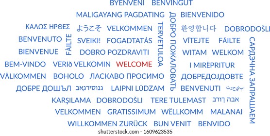 Welcome Word on different languages starting with english welcome on white background in red and blue colors. Conceptual modern art. Isolated.