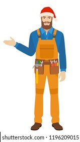 Welcome! Worker in Santa hat shows something beside of him. Full length portrait of worker in a flat style. Vector illustration.