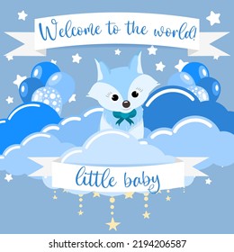 Welcome to the world baby card for boy on birthday. Flat illustration with cute little fox.  Card in square format. Kind children's illustration with stars and clouds in blue color. 