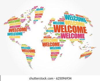 WELCOME World Map in Typography word cloud, business conceptual background