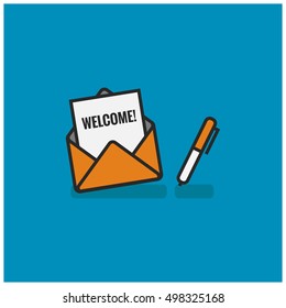 'Welcome' Written Inside An Envelope Letter With Pen On Side (Line Icon In Flat Style Vector Illustration Design)