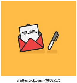 'Welcome' Written Inside An Envelope Letter With Pen On Side (Line Icon In Flat Style Vector Illustration Design)