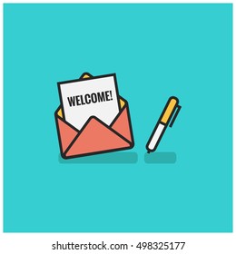 'Welcome' Written Inside An Envelope Letter With Pen On Side (Line Icon in Flat Style Vector Illustration Design)