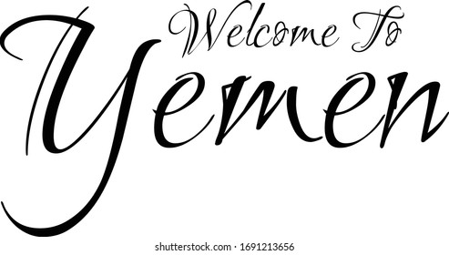 Bienvenidos a Yemen: texto tipográfico ondulado con cursiva creativa sobre fondo blanco