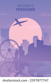 Welcome to Yokohama, Japan. Gradient poster, card with shapes of skyline, waterfront and airplane. Asia port city travel vector illustration, print, graphic