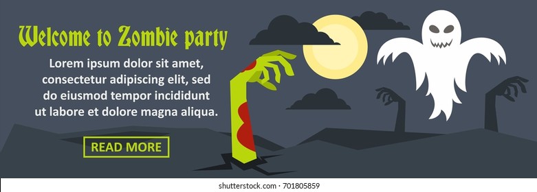 Welcome to zombie party banner horizontal concept. Flat illustration of welcome to zombie party banner horizontal vector concept for web