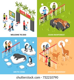 Welcome to zoo 2x2 design concept with asian rainforest arctic zone and african savannah square icons isometric vector illustration 