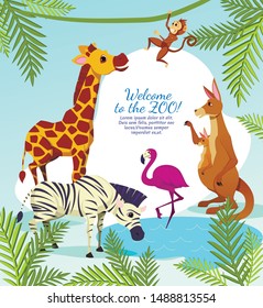 Welcome to Zoo Banner, African Animals on Palm Leaves Nature Background, Kangaroo, Pink Flamingo, Giraffe, Zebra and Funny Monkey Jumping on Tree Branch, Wildlife, Cartoon Flat Vector Illustration