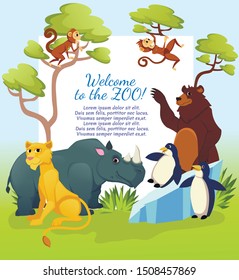 Welcome to Zoo Banner, African Animals Rhinoceros, Lioness, Bear, Penguins Stand Together on Nature Background with Green Trees. Wildlife Safari Park Invitation Card. Cartoon Flat Vector Illustration