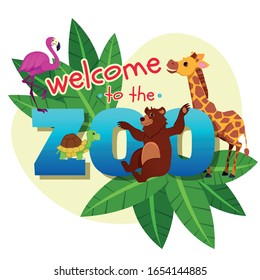 Welcome to Zoo Banner, Cute African and Forest Animals around Huge Word Zoo on Green Tree Leaves Background, Pink Flamingo, Turtle, Bear, Giraffe, Wildlife, Nature. Cartoon Flat Vector Illustration