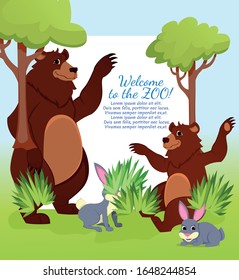 Welcome to Zoo Banner, Forest Animals Bear and Funny Rabbits Stand Together on Nature Background with Green Grass and Trees. Wildlife Safari Park Invitation Card. Cartoon Flat Vector Illustration