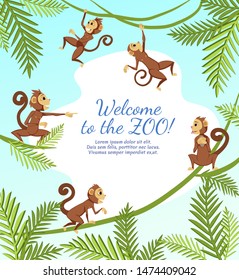 Welcome to Zoo Banner with Group of Funny Monkeys Playing on Tree, Jumping and Hanging on Lianas with Palm Leaves, Playful Curious Apes Invite to Animal Zoo Park. Cartoon Flat Vector Illustration