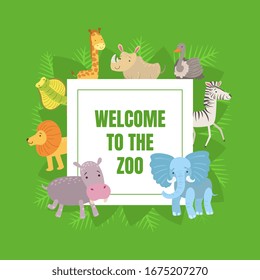 Welcome to the Zoo Banner Template with Cute African Animals Vector illustration
