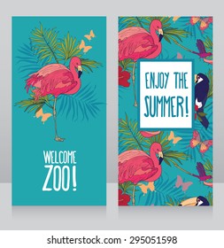 "welcome zoo" cards, can be used as invitation for summer party, vector illustration