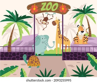 Welcome ZOO gate and jungle animals concept. Vector flat cartoon illustration