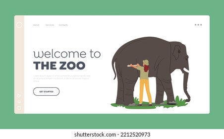 Welcome To Zoo Landing Page Template. Zoologist Female Character Cleaning Elephant Skin With Brush. Naturalist Or Zookeeper Care And Studying Wild Animals Life. Cartoon People Vector Illustration