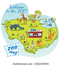 Welcome to Zoo Map, Nature Infographics Elements with Giraffe, Lions, Monkey, Tigers, Rhinoceroses, Rabbits, Turtles, Bear, Penguins, Zoo Shop. Funny Animals in Park Cartoon Flat Vector Illustration