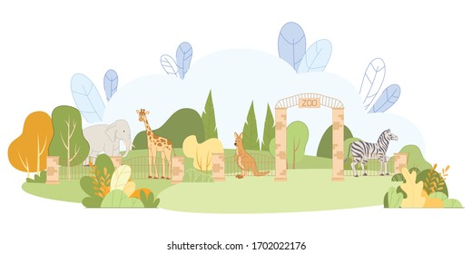 Welcome to Zoo Vector Illustration. Cartoon Animals at Entrance Gate. Giraffe, Elephant, Zebra, Kangaroo near Fence Wall. Africa Exotic Animal Care. Weekend Leisure, Entertainment Visit